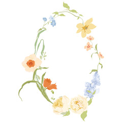 Watercolor abstract flower wreath of narcissus, peony and lilac. Hand drawn frame of wildflowers isolated on white background. Holiday Illustration for design, print, fabric or background.