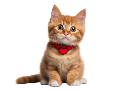 Cute ginger kitten with red collar looking at camera