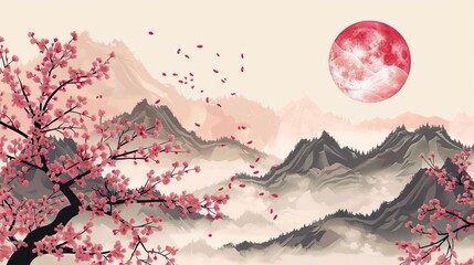 asian american heritage month background with cherry blossoms and mountains oriental design