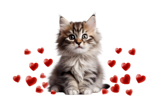 Cute kitten with red hearts.
