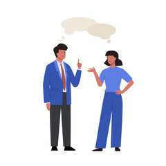 Business people meet and talk with each other. Chatting man and woman with speech bubbles. Dialogues between male and female characters