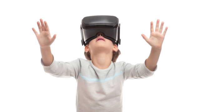 Child with virtual reality headset toy on a white background