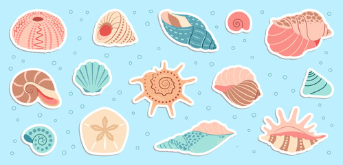 Cute sea shells sticker set. Trendy flat style seashell collection. Ocean underwater sink seashell conch aquatic mollusk. Hand drawn cartoon spiral snail, marine animals. Vector illustration