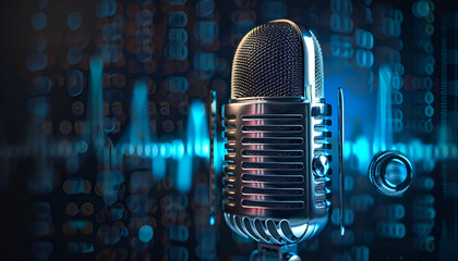 old-fashioned broadcasting microphone used in voice over recordings or radio station shows on digital background