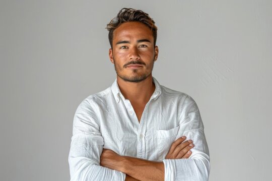 Entrepreneur with crossed arms, displaying determination and ambition, against a white background