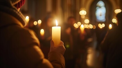 candlemas religious procession in church people holding candles selective focus