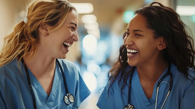 candid moment of two nurses laughing and talking in hospital genuine human connection