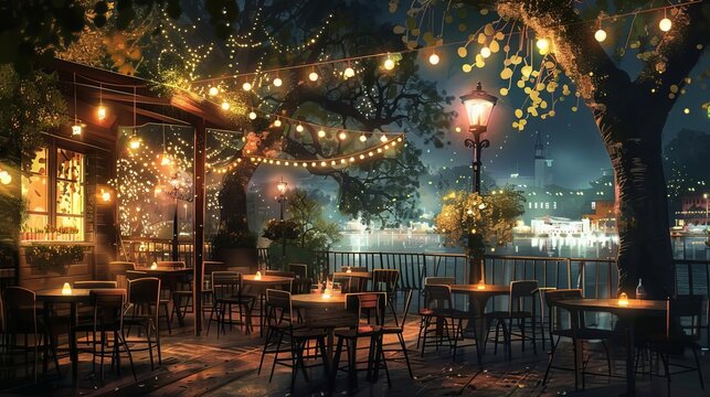 charming waterside guinguette restaurant with a shaded terrace and twinkling string lights a perfect spot for a romantic evening or gathering with friends digital painting