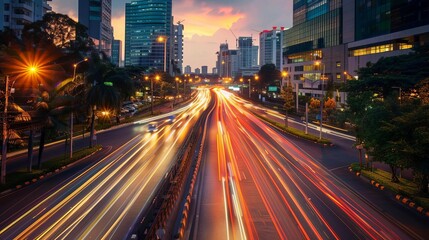 city highway during busy evening rush hour car light trails and traffic in motion blur long exposure photography