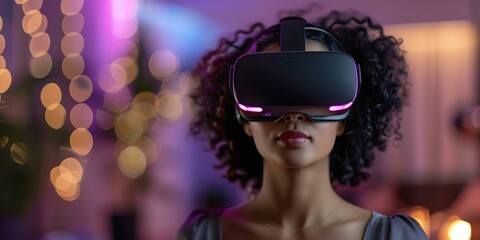 Exploring Metaverse: Young Woman at Home Wearing VR Headset. Concept Virtual Reality, Metaverse, Technology, Home, Young Woman