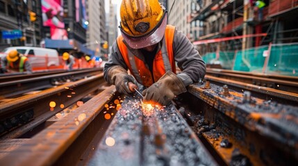 Construction site laborers, welding beams, high visibility vests, structural engineering, dynamic environment, MidJourney creation