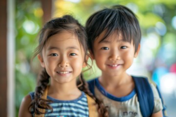 happy asian siblings looking at camera ready to go back to school, early autumn, both kids in focus