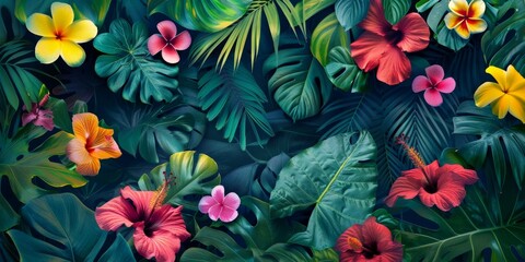 Vibrant Tropical Flowers and Lush Green Foliage in a Paradise Setting