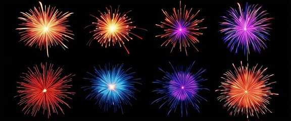Set of stunning display of colorful fireworks bursting in the night sky, perfect for celebrations and festive occasions.