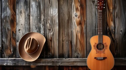 country guitar on wooden plank fence with cowboy hat western fedora and old folk barn concept illustration