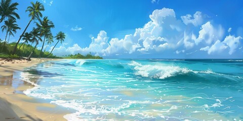 Serene Tropical Beach Scene With Palm Trees and Rolling Waves on a Sunny Day