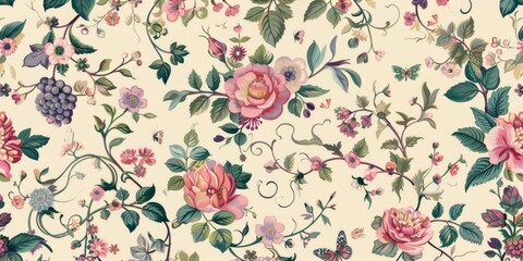 Delicate Floral Pattern With Pink Roses and Butterflies