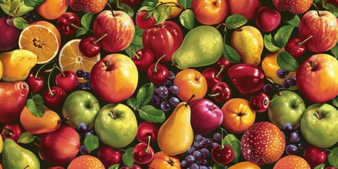 Colorful Fruit Medley Pattern With Apples, Pears, Cherries, and Oranges