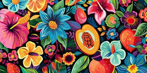 Colorful Tropical Floral Pattern With Vivid Blooms and Fruits