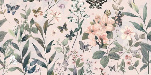 A Serene Butterfly Garden Pattern With Delicate Flowers and Lush Greenery