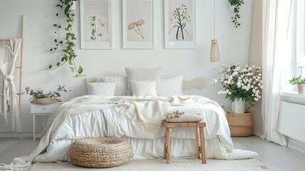 cozy bedroom interior with white wooden bed stool pouf flowers and posters real photo