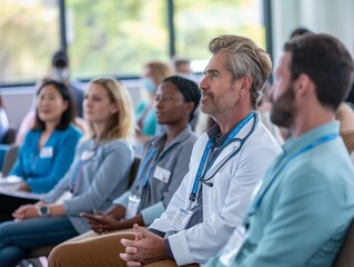 doctor teaching on a seminar at convention center, medical team sitting and listening presenter