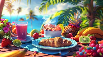 A colorful, vibrant digital illustration of a delicious breakfast spread on a sunny outdoor table Include croissants, fruits, and a steaming cup of coffee