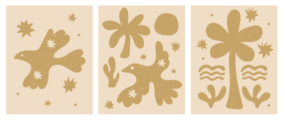 Set of poster with abstract boho folk bird and tropical plants. Retro pastel background with drawing palm tree. Minimalistic art