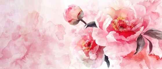 a tranquil scene of watercolor peonies blooming with soft pastel hues blending into a delicate pink backdrop evoking serenity in floral artistry