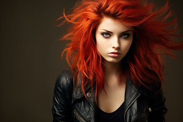 Fototapeta premium Intense look from a woman with vibrant red hair flowing wildly against a dark background