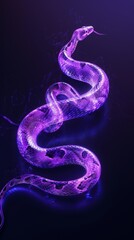 Fototapeta premium New Year, year of the snake, animal, a dynamic graceful snake is glowing purple neon, isolated on black background, 3D rendering illustration, simple design, minimalist, centered in the middle of the 