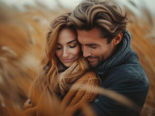 Fototapeta premium Happy adult couple wearing cozy clothes hugging in the autumn field