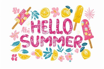 A vibrant and cheerful illustration featuring the words 'HELLO SUMMER' surrounded by tropical floaters, popsicles, and lemon slices in pink hues, perfect for a holiday vibe.