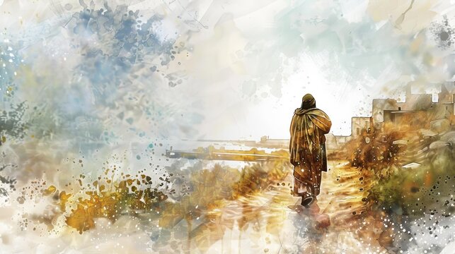 digital watercolor painting of the parable of the prodigal son depicting his emotional return home