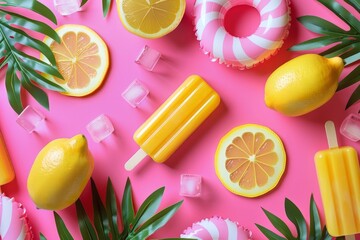 A cheerful summer-themed arrangement featuring tropical floaters, lemon slices, and popsicles set against a bright pink background.