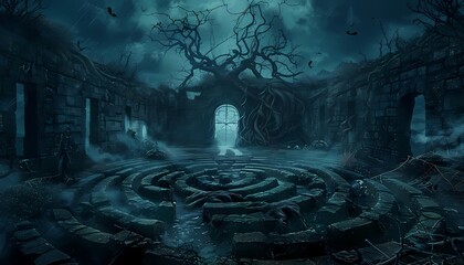 Design a background with a haunted maze entrance and space for text