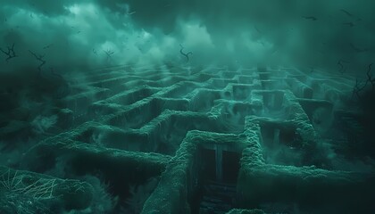 Design a background with a haunted maze entrance and space for text