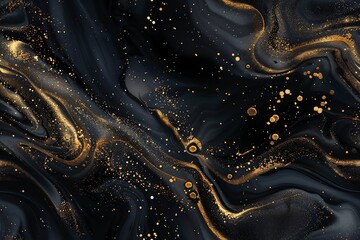 Dark luxury liquid paint abstract seamless pattern. Black ink with gold glitter decoration. AI generated