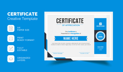 Minimal Professional Certificate Template | Certificate of Appreciation Template Design | Editable Organized Layered Layout