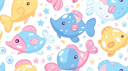 Fototapeta premium Hand-drawn seamless pattern featuring playful pastel-colored comic bee characters with big eyes and cute antennas, creating a fun and lively design