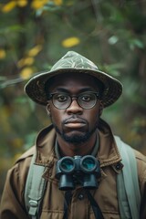 Afro park ranger, uniform and binoculars, in a national park, wild, natural