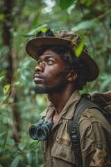 Fototapeta premium Afro park ranger, uniform and binoculars, in a national park, wild, natural
