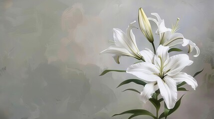 elegant white lily flowers on muted grey background minimalist sympathy card digital painting