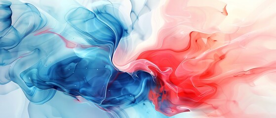 Abstract swirl of red and blue ink in water, blending into a beautiful, smoky fusion with a soft, flowing texture on a white background.