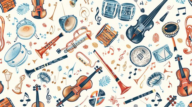 Seamless pattern of pastel-colored hand-drawn musical instruments like violins, drums, and flutes, showcasing a playful and artistic music theme