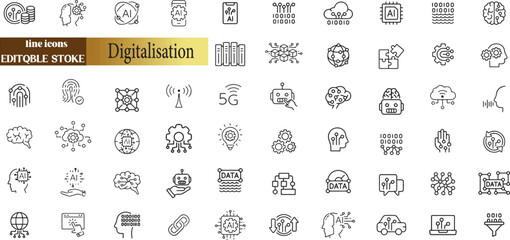 Digitalisation web icons. Digital technology icons such as cloud computing, artificial intelligence, mobile