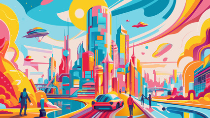 Obraz premium Vibrant Futuristic Cityscape with Flying Cars and Pedestrians