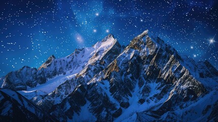 Under a starry night sky, sharp mountain ridges dusted with snow create a striking contrast. Deep blue sky is the backdrop.
