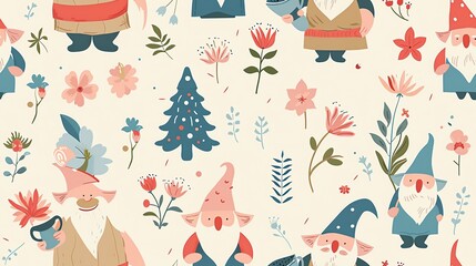 Seamless pattern of vector pastel-colored cute gardening gnomes holding watering cans and shovels, surrounded by flowers and plants