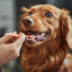 Owner brushing teeth of cute golden 